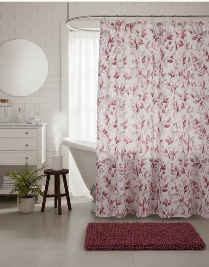 Serafina Home Hotel Quality Fabric Bathroom Shower Curtain: Floral Leaf Damask - Pink, Gray and White (72 x 70 inches)