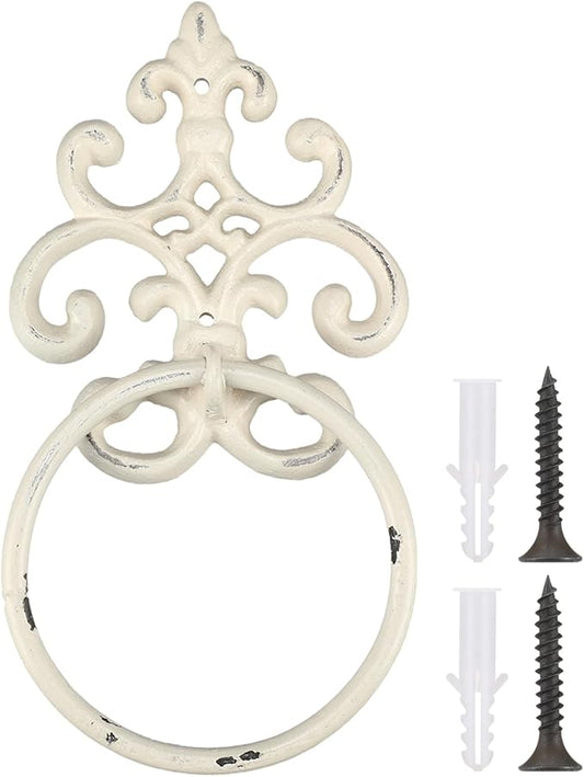 1 Pcs White Vintage Cast Iron Solid Towel Ring Fleur De Lis Design Antique Towel Holder for Bathroom Kitchen Accessories Wall Mounted Christmas Party Gifts