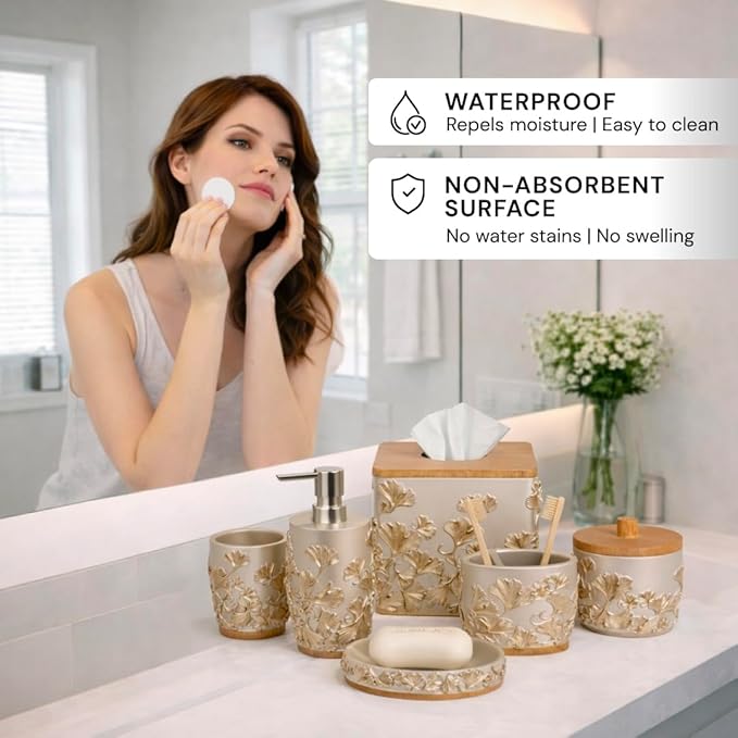 Decozen Bathroom Accessories 6Pcs Set, Soap Dispenser, Toothbrush Holders, Tumbler, Soap Dish & Cotton Swab Jar – Modern Bathroom Decor, Modern Farmhouse Decor, Countertop Accessories, Gold Champagne