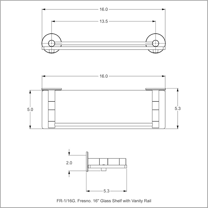 Allied Brass FR-1/16G-BKM Fresno Collection 16 Inch Glass Vanity Rail Shelf, Matte Black