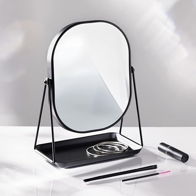 Navaris Vanity Mirror with Tray - Table Top Mirror with Metal Stand and Storage - 7" x 9" Mirror Size - For Makeup, Tabletop, Desk - Black Finish