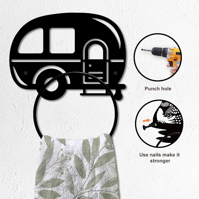 MAYJOYDIY Camping Metal Towel Ring Camping Car Hand Towel Holder Round Cartoon Car Towel Hangers Black Bathroom Towel Rack Wall Mounted for Kitchen Bath Home Laundry Room Decors Gifts
