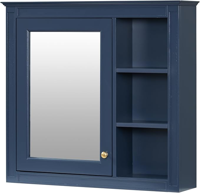 Merax Bathroom Medicine Cabinet with Mirror, Wall Mounted Medicine Cabinet with Single Door and Shelves, Over The Toilet Mirrored Bathroom Storage Wall Cabinet (Blue, 30")