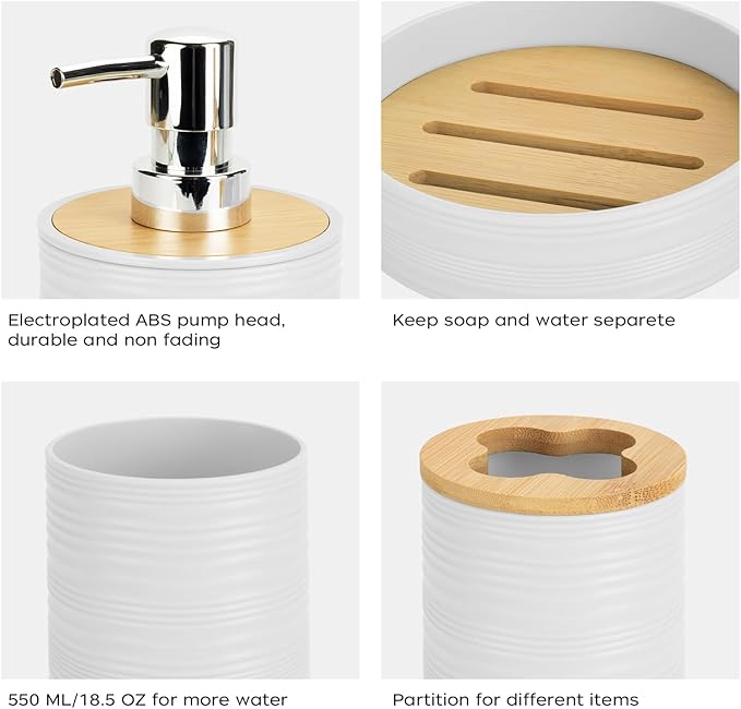 4 PCS White Bathroom Accessories Set, Includes a Soap Dispenser, Toothbrush Holder, Soap Dish and Mouthwash Cup, Plastics & Bamboo Bathroom Set, Bohemian Style Bathroom Sink Set