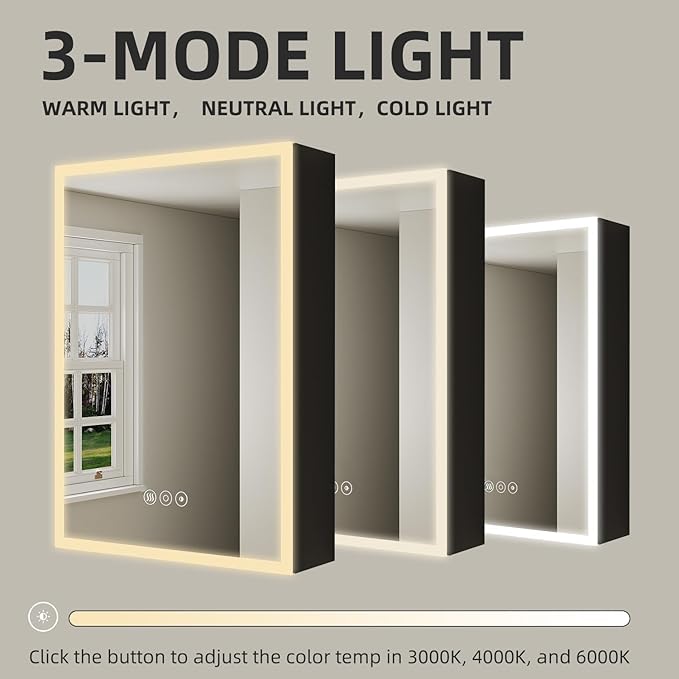 Buruis 16 x 24 Inch Medicine Cabinet with LED Lights and Mirror, Recessed/Wall Mounted Bathroom Cabinet, 3-Color Light, Defogger, Memory Function, Outlet & USB, Dimmer, Black
