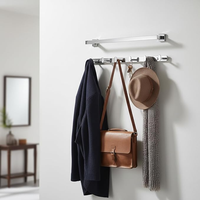 Roshan Handcrafted and Hand Polished Multi Purpose Towel Rack, Rust Proof and Peel Resistant Towel Shelf, Includes 2 Handmade Hooks (4-Piece Silver)