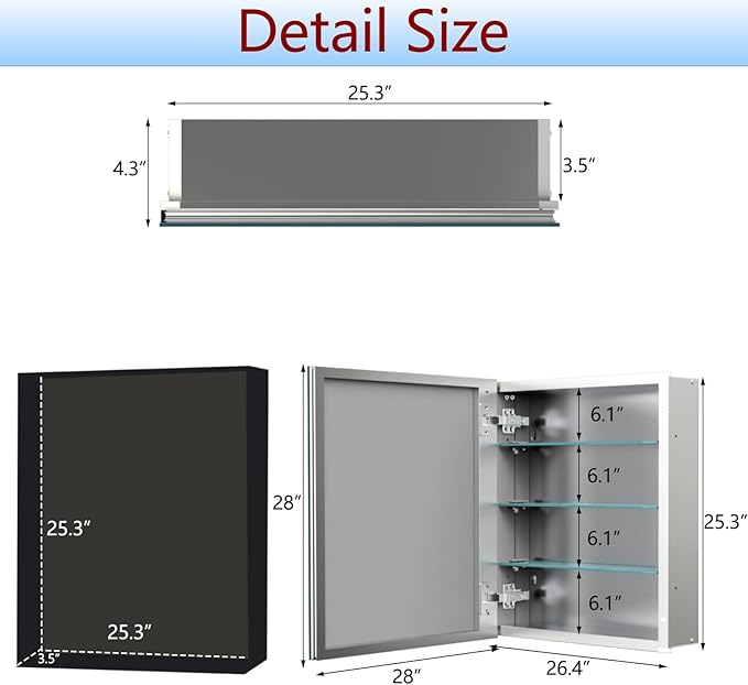 28"x28" Aluminum Medicine Cabinet, Bathroom Cabinet with Mirror,Firm and Durable, Waterproof and Rust-Proof, Recessed or Surface Mount,Assembly Required
