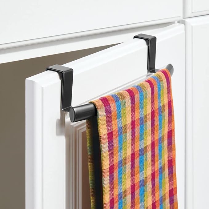 mDesign Steel Over Door Curved Towel Bar Storage, Hanger for Cabinet or Cupboard, Holder Rack for Kitchen, Bathroom - Holds Hand/Dish Towels, Washcloths - Spira Collection - Black