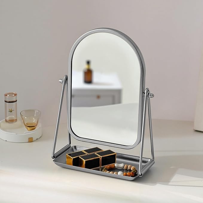 Vanity Mirror for Desk Arched Table Makeup Mirror 360°Rotation Freestanding Vanity Mirror with Metal Tray Silver Countertop Mirror with Storage for Living Room Bedroom Bathroom