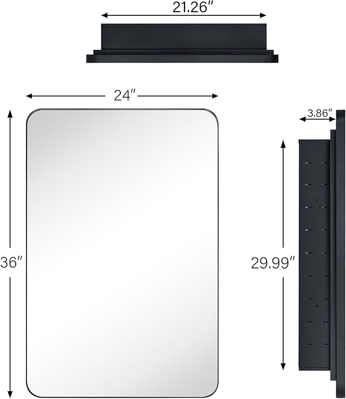 Matt Black Rectangle Recessed Bathroom Medicine Cabinet with Mirror Stainless Steel Metal Framed Rounded Rectangular Bathroom Cabinet with Mirror 24x36''