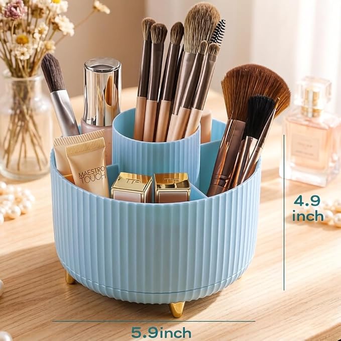 Makeup Brush Holder,360° Rotating Makeup Brush Organizer,5 Slot Make up Brushes Cup for Cosmetics,Large Capacity,For Nail Polish, Art Supply, Bathroom Vanity,Cosmetics Organizer,Blue
