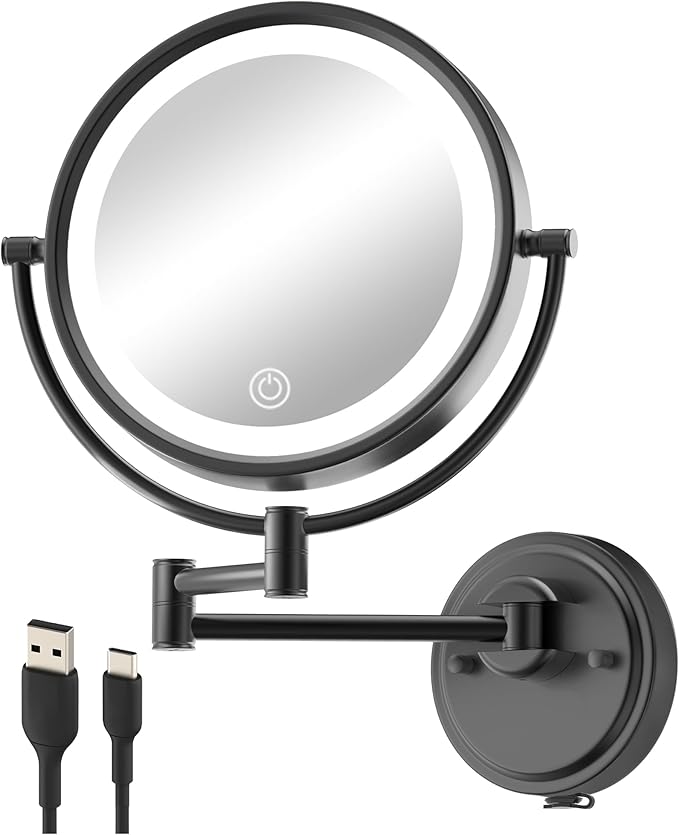 10" Large Wall Mounted Makeup Mirror with Lights and Magnification, 1X/5X Double-Sided 3 Color 5000mAh Rechargeable Touch Dimmable Extended Swing Arm 360 Rotation for Bathroom, Matt Black