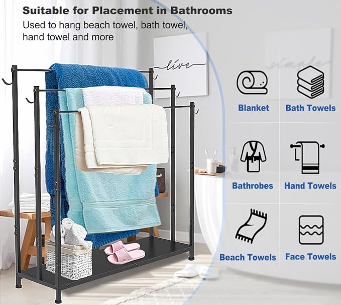 Extra Large Free Standing Towel Rack with Metal Storage Shelf & 6 Hooks for Bathroom, 3 Tiers Heavy Duty Blanket Drying Stand Holder for Outdoor Pool, Bedroom, Living Room, Black