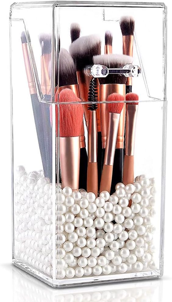 erioctry Clear Acrylic Makeup Brush Organizer with Lid Square Cosmetic Brush Holder Dustproof Jewelry Storage Container