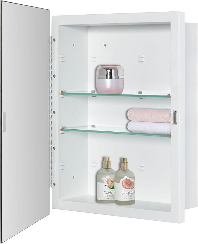 IDYLLOR Bathroom Medicine Cabinet with Beveled Edge Mirrored Door 14 x 18 inch, Recessed or Surface Mount, with Adjustable Glass Shelves