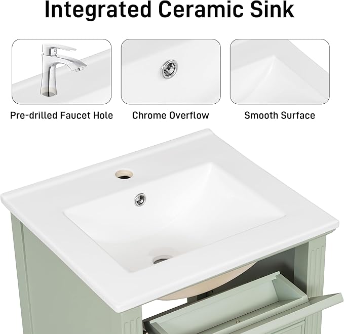 Virubi 20 in Small Bathroom Vanity with Sink,Soft Closing Door,Tilt-Out Drawer and Adjustable Shelf,Solid Wood Frame Modern Single Bathroom Sink Cabinet,Freestanding (Green)