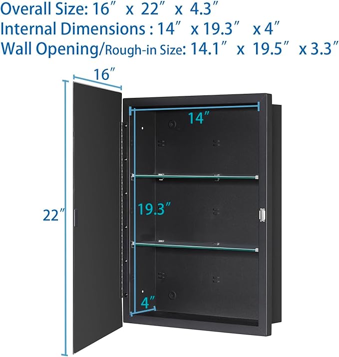 IDYLLOR Black Bathroom Medicine Cabinet with Beveled Edge Mirrored Door 16 x 22 inch, Recessed or Surface Mount, with Adjustable Glass Shelves