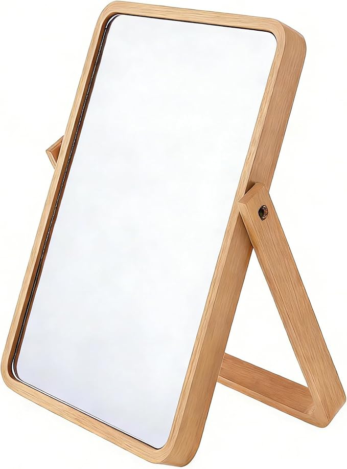 Honeystore Solid Wood Makeup Mirror, 360° Rotating Desktop Vanity Mirror, 9" x 7.1" HD Silver Mirror, Natural Wood Frame, Portable Tabletop & Wall Hanging Cosmetic Mirror (Natural)