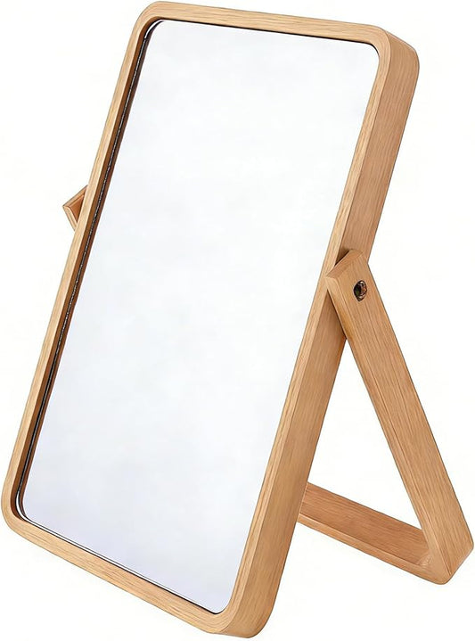 Honeystore Solid Wood Makeup Mirror, 360° Rotating Desktop Vanity Mirror, 9" x 7.1" HD Silver Mirror, Natural Wood Frame, Portable Tabletop & Wall Hanging Cosmetic Mirror (Natural)