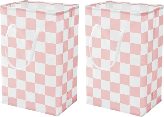 Checkered Laundry Hamper, Pack of 2, Large Pink Collapsible Cloth Hampers Basket for Storage Girls Wome Organization Cute Aesthetic, 2 x 75L
