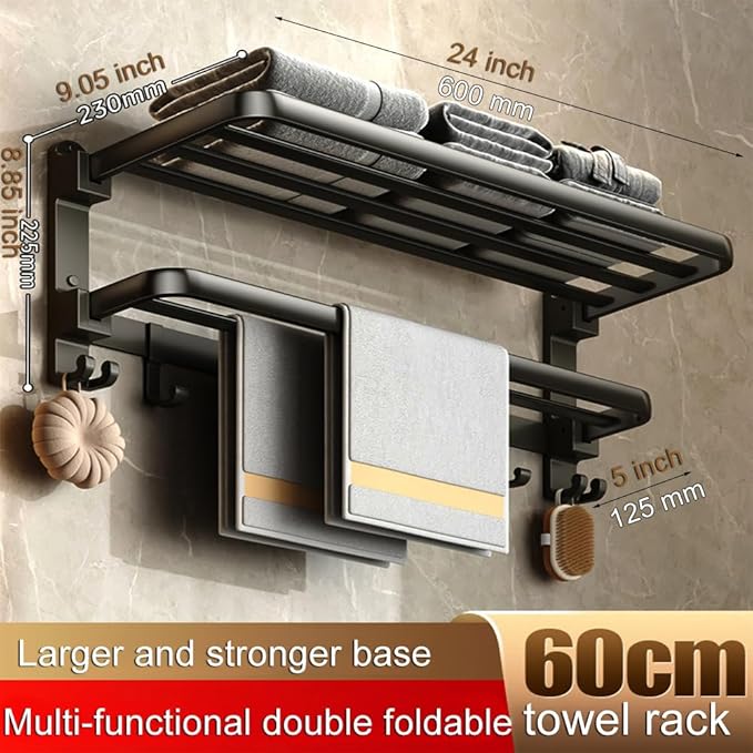 (1 Pack) Yariwiz Matte Black Towel Rack Wall Mounted No Drill and Screw Mounting, Bathroom Bath Shower Length 24 inch Double Towel Rod with Shelf Hotel Towel Rack B0502-MB
