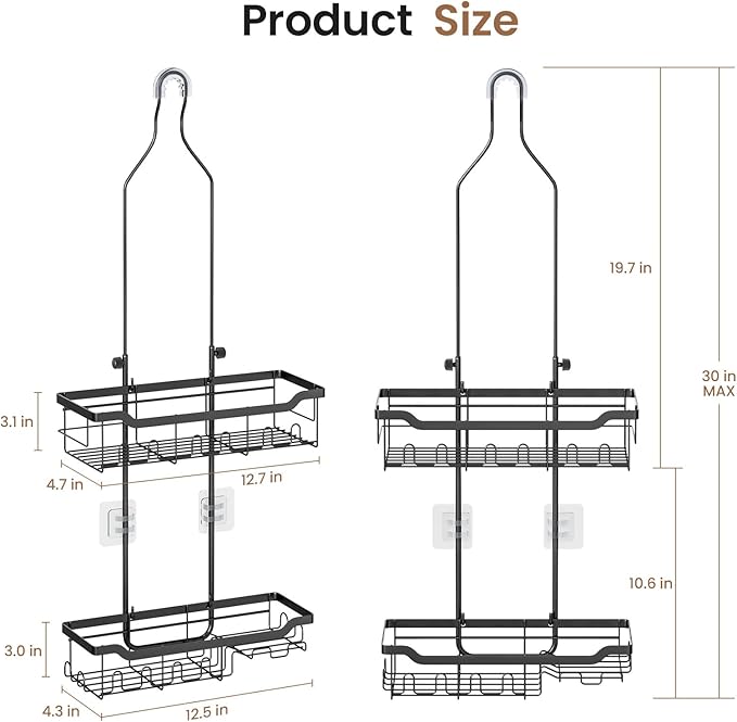 Skyapex Hanging Shower Caddy Over Showerhead: Extra Long Adjustable Height Shower Organizer, Rustproof Shower Shelf Rack with Soap Holder for Large Shampoo Bottles