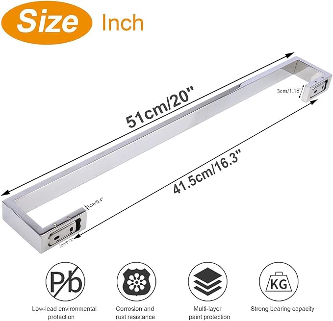 TocTen Bath Towel Rack - Square Base Thicken SUS304 Stainless Steel Towel Bar for Bathroom, Bathroom Bar Accessories Towel Rod Heavy Duty Wall Mounted Towel Holder (Polish Chrome, 20 Inch)