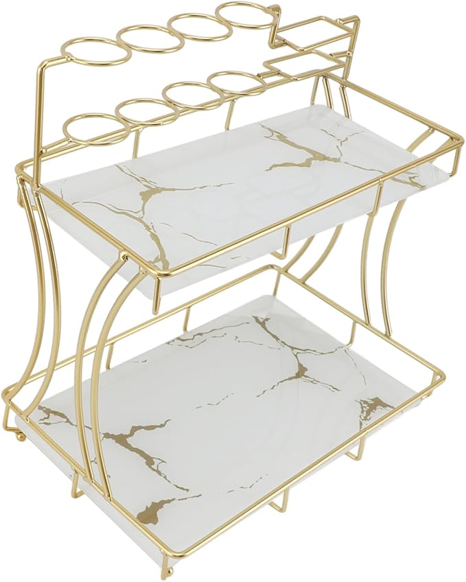 Double Layer Countertop Storage Rack, Bathroom Countertop Organizer with Electric Toothbrush Holder, Iron and Glass Counter Shelf for Toiletries and Cosmetics (White Background Gold Grain)