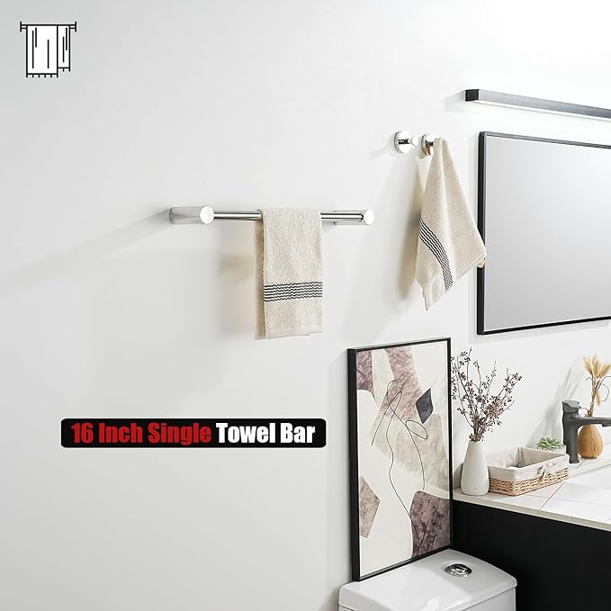 JQK Towel Bar Chrome, 18.5 Inch 304 Stainless Steel Thicken 0.8mm 2 Pieces Towel Rack Bathroom Wall Mount, Useable Length 16 Inch, TB610L16-CH