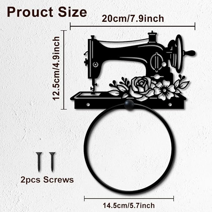 MAYJOYDIY Vintage Sewing Machine Metal Towel Ring Round Flower Hand Towel Holder Ring Hanger Wall Mount Black Vintage Towels Wall Organizer for Kitchen Bath Home Laundry Room Decors Gifts