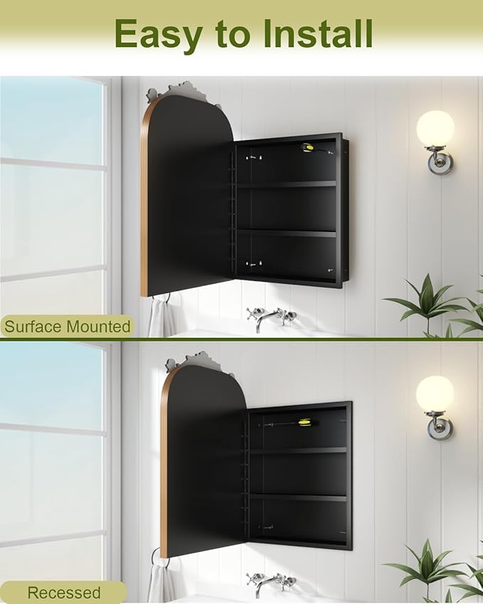 20"x30" Vintage Arched Bathroom Medicine Cabinet with Mirror, Hand-Painted Flower on Aluminum Frame Art Decor Medicine Cabinets Recessed / Wall Mounted, 2 Stable & Removable Shelves and 1 Organizer