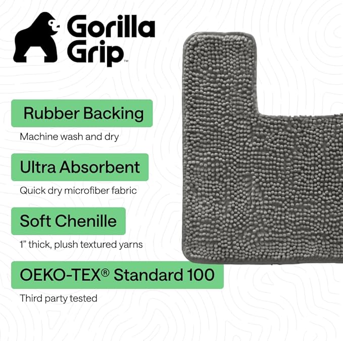 GORILLA GRIP Plush Absorbent Shaggy Chenille Bath Rug Mat for Square Toilet Base with Rubber Backing, Machine Washable Rugs, Soft Microfiber Contour Mats for Toilets, Bathroom Decor, Charcoal