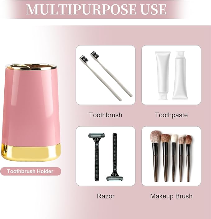 Bathroom Accessories Set, 2Piece Pink and Gold Bathroom Accessories Include Soap Dispenser and Toothbrush Holder for Modern Bathroom Decor