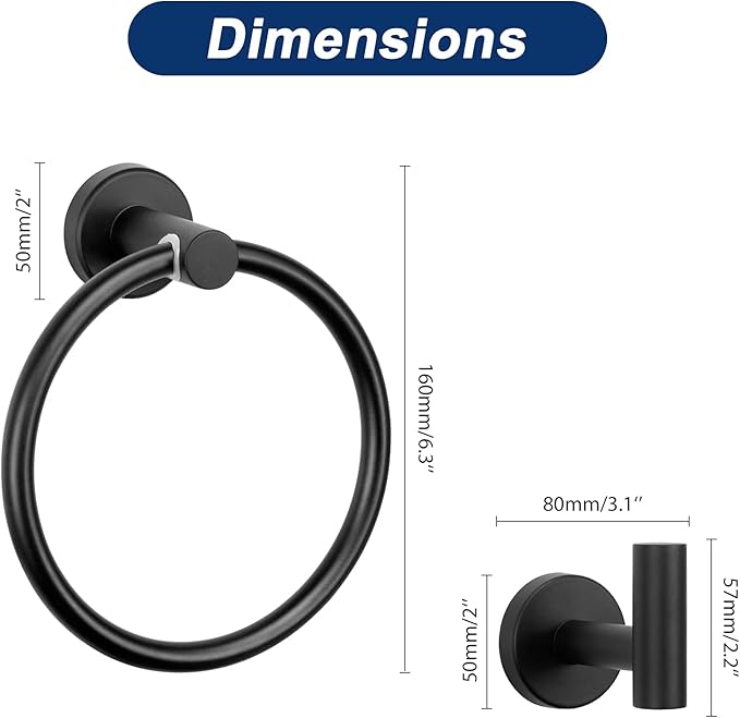 NearMoon 3 Pieces Bathroom Hardware Set, Bath Towel Ring and 2 Towel Hooks- Stainless Steel Hand Towel Hanger and Robe Hooks Accessories, Wall Mounted (Matte Black)