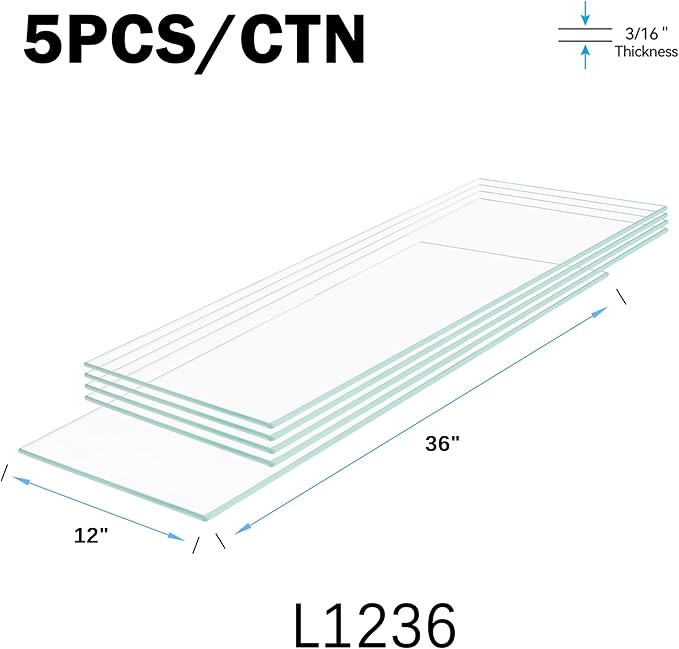 12" x 36" 5-PCS Tempered Glass Shelf, Rectangular Frameless Glass Shelves - 3/16" Thick, Suitable for Bookshelves, Display Cases, Retail Fixtures and Tabletops