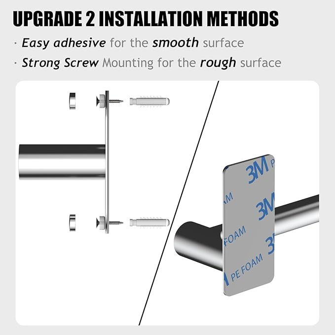 Towel Bar, 14inch to 25inch Adjustable Towel Holder Rod, Self Adhesive Wall Mounted Hand or Body Towel Rack for Bathroom Kitchen, Stainless Steel Organizer Single Bar (Chrome, 3 Pack)
