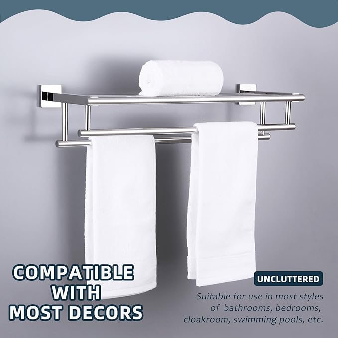 Bathroom Towel Rack Polished Chrome, Angle Simple SUS304 Stainless Steel Bath Towel Bar with Shelf for Wall 23.62 Inches