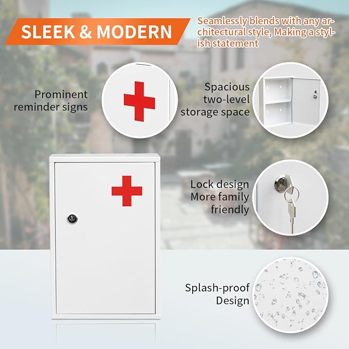 Ydocabinit Steel Wall-Mount Lockable Medical Cabinet, 2-Tier Medical Box with Key, Metal Storage Box, Medicine Organizer Secure Large Capacity, First Aid Cabinet for Bathroom School 12.59×8.46×3.14"