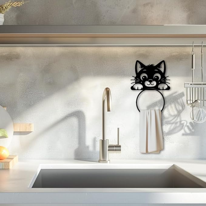 MAYJOYDIY Cute Cat Metal Towel Ring Cute Animal Towel Holder Peeping Cat Bath Towel Ring for Wall Black Art Towel Rack Wall Mounted for Bathroom Kitchen Towel Hanger Home Decors Gift