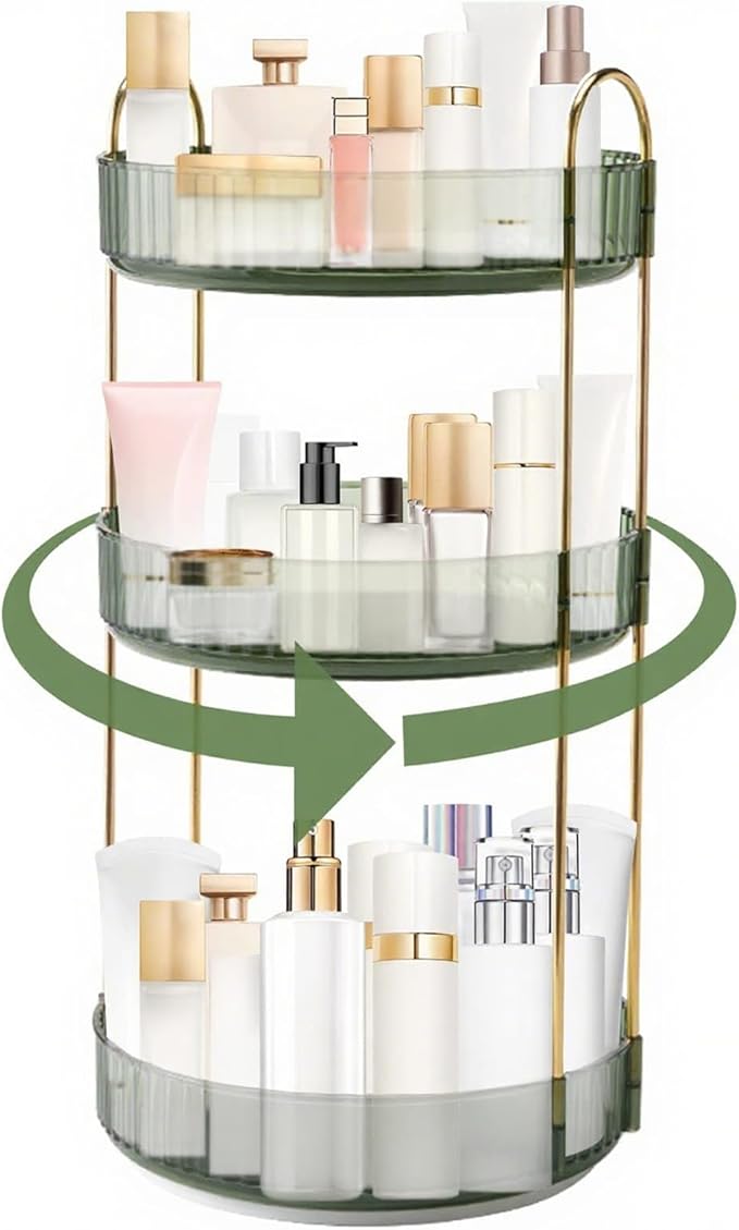 INVSSENE 360° Rotating Makeup Organizer, Bathroom Make Up Spinning Holder Rack, Large Capacity Cosmetics Storage Vanity Shelf Countertop, Fits Cosmetics, Perfume, Skincare(3 Tiers, Green)