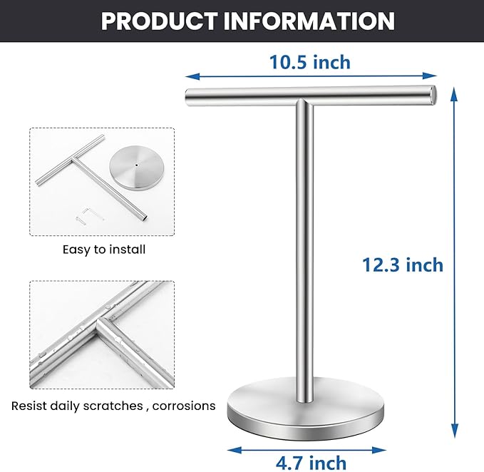 T-Shape Bath Hand Towel Holder Stand, Stainless Steel Free Standing Hand Towel Rack, for Bathroom Kitchen & Countertop, Silver, 2 Pack
