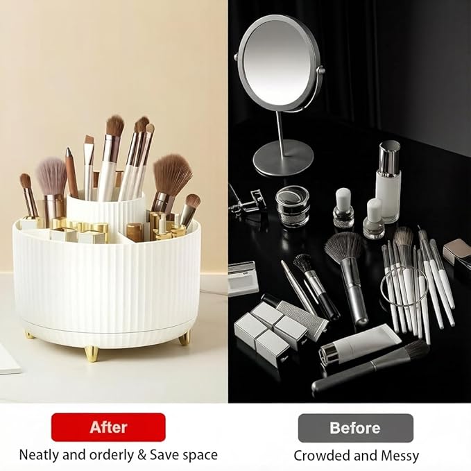 Makeup Brush Holder,360° Rotating Makeup Brush Organizer,5 Slot Make up Brushes Cup for Cosmetics,Large Capacity,For Nail Polish, Art Supply, Bathroom Vanity,Cosmetics Organizer,White