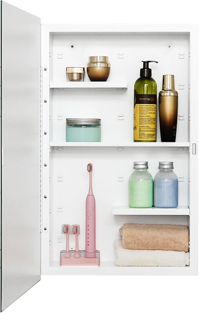 Fundin White Medicine Cabinet Recessed or Surface Mount, Bathroom Medicine Cabinet with 16 x 26 Beveled Mirror and Adjustable Staggered Shelves