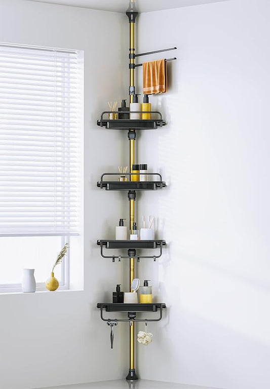 Upgrade Sturdy Shower Caddy Tension Pole Black and Gold Corner Shower Caddy 18/8 Stainless Steel Rustproof 4 Tier Adjustable Shelves for Bathtub Shampoo Accessories Storage Rack 32-122inch