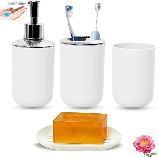 Matte White Bathroom Accessories Set, 4 Piece Plastic Bathroom Toothbrush Holder Set, Include Soap Dispenser, Toothbrush Holder, Rinse Cup, Soap Dish, Boho White Bathroom Decor for Home, Bathroom Set