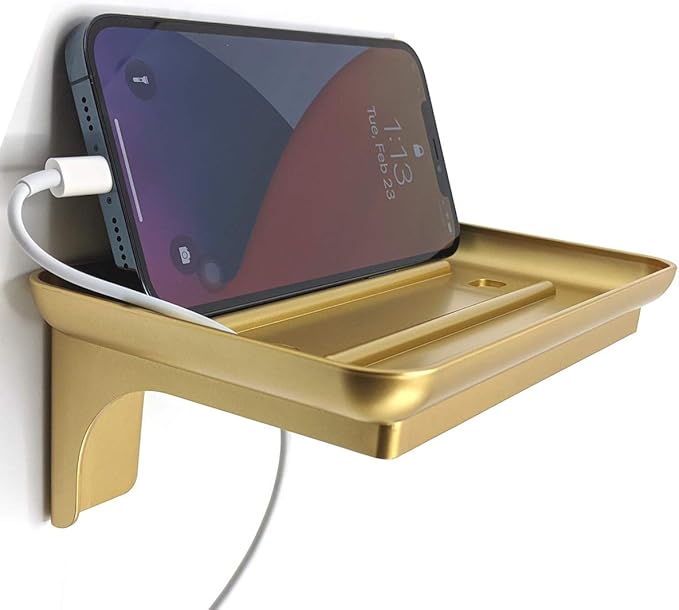 Wonder Shelf ?€? Small Adhesive Floating Wall Shelf for Bathroom, Over Toilet Paper Holder Mini Storage Rack for Phone, Wipes, Tablet, or D??cor (1, Gold with Holes)