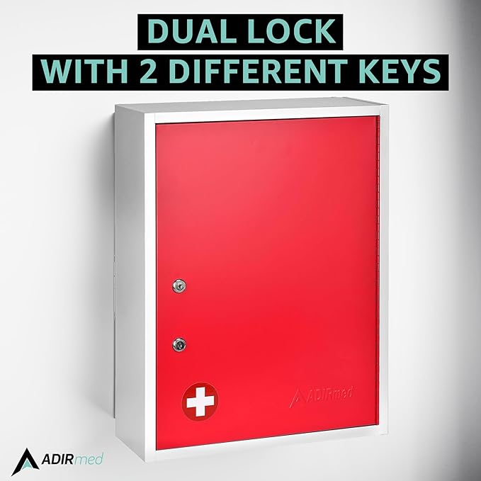 AdirMed Locking Medicine Cabinet Wall Mounted First Aid Cabinet with Lock, Lockable Wall Medicine Cabinet with Dual Lock and Dual Keys, 21" H x 16" W x 6" D, Red