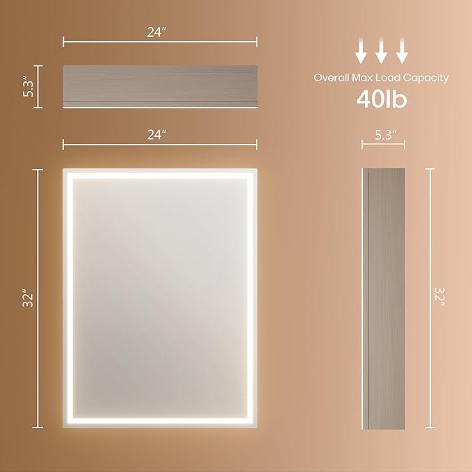 32x24 inch LED Lighted Medicine Cabinet with Mirror, Moisture-Resistant Wood, Stepless Dimmable, 3000K/5500K, Defogger, Adjustable Shelf, Flat-Pack Design – Assembly Required (Grey)