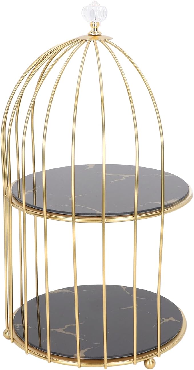 Double Layer Storage Shelf Bird Cage Organizer Display Rack for Bathroom Countertop Dressing Table Gold Frame (Black Base Gold Pattern)