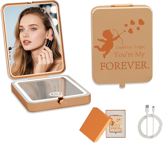 LED Lighted Travel Makeup Mirror, 1x/3x Magnification - Daylight LED, Compact Portable Folding Travel Mirror, Dimmable Pocket for Handbag and Purse, USB Charging, Gife for Women Valentine